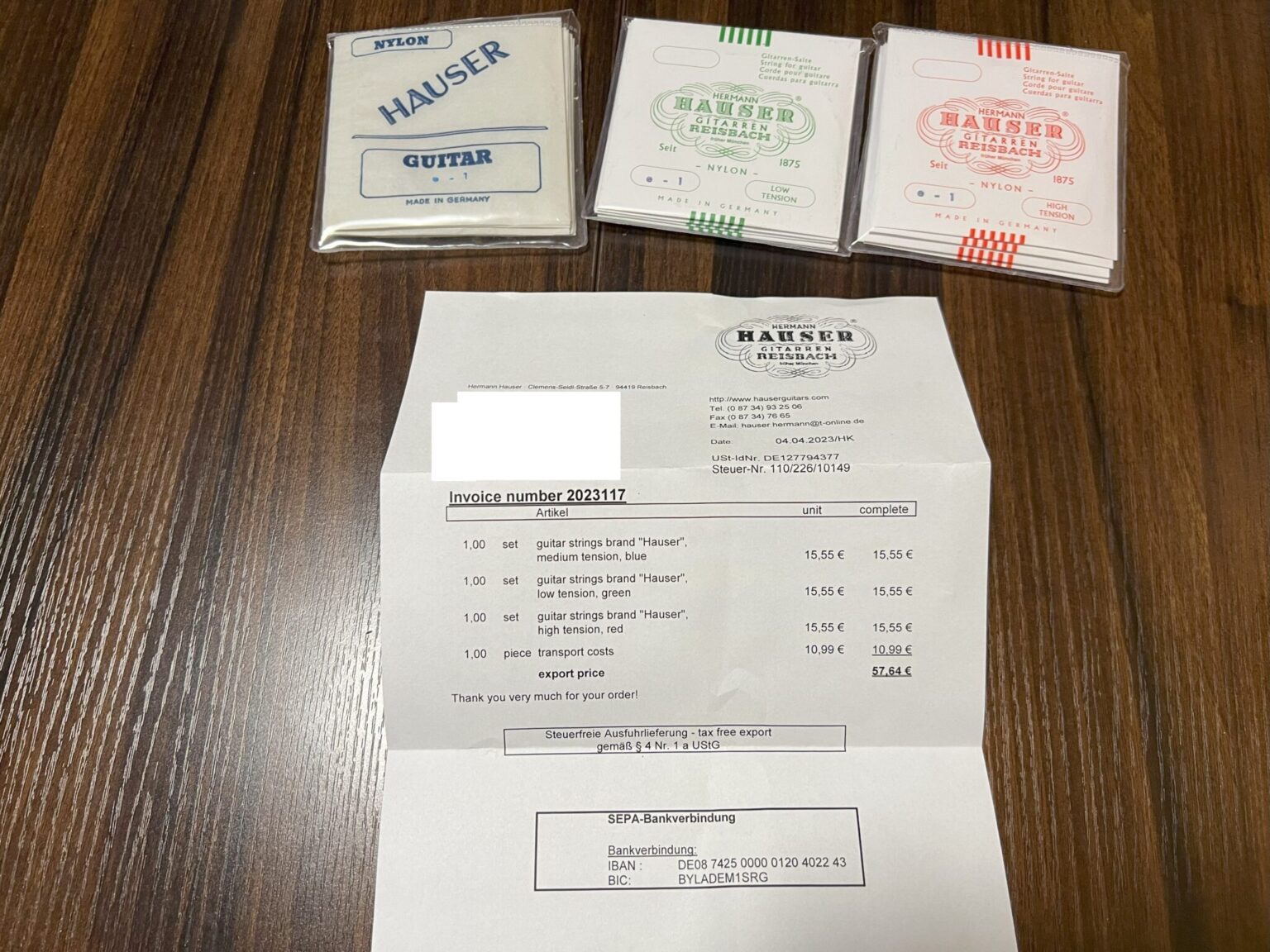 ヘルマン・ハウザー弦とハウザー工房の請求書